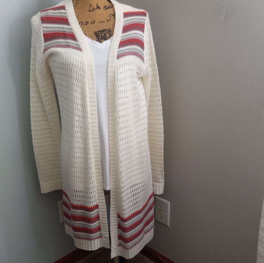 Derek Heart Women's Aztec Knit Crochet White Open Long Cardigan Sweater Sz Large